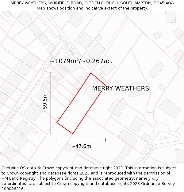 MERRY WEATHERS, WHINFIELD ROAD, DIBDEN PURLIEU, SOUTHAMPTON, SO45 4QA: Plot and title map