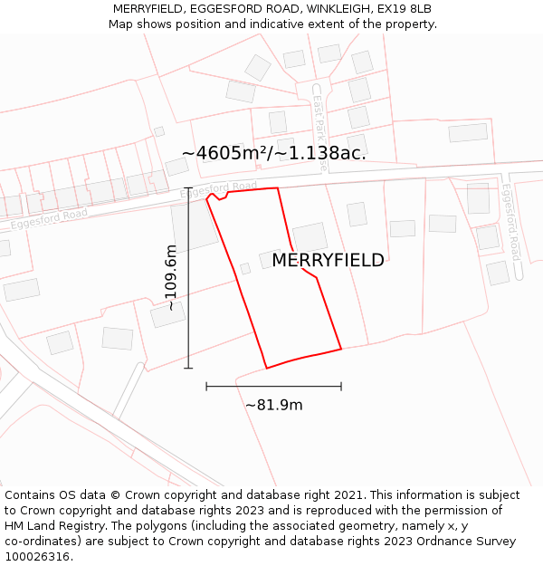 MERRYFIELD, EGGESFORD ROAD, WINKLEIGH, EX19 8LB: Plot and title map