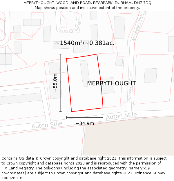 MERRYTHOUGHT, WOODLAND ROAD, BEARPARK, DURHAM, DH7 7DQ: Plot and title map