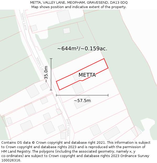 METTA, VALLEY LANE, MEOPHAM, GRAVESEND, DA13 0DQ: Plot and title map