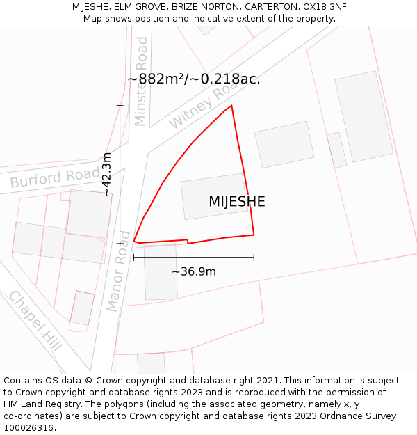 MIJESHE, ELM GROVE, BRIZE NORTON, CARTERTON, OX18 3NF: Plot and title map