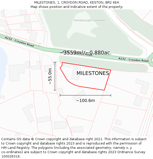 MILESTONES, 1, CROYDON ROAD, KESTON, BR2 6EA: Plot and title map