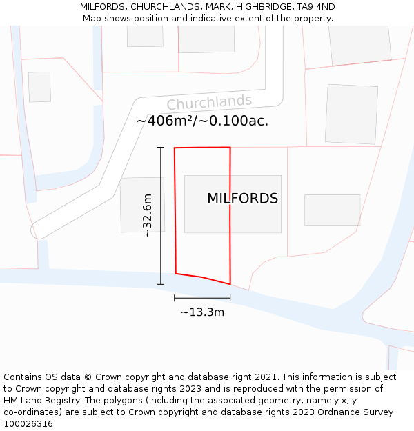 MILFORDS, CHURCHLANDS, MARK, HIGHBRIDGE, TA9 4ND: Plot and title map