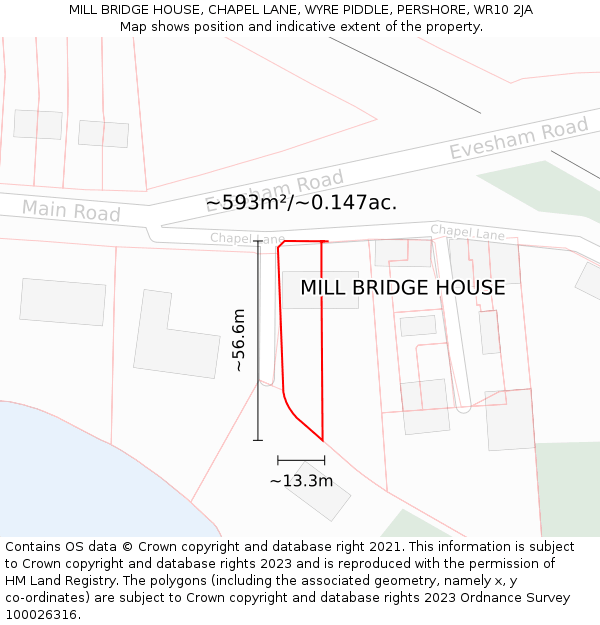 MILL BRIDGE HOUSE, CHAPEL LANE, WYRE PIDDLE, PERSHORE, WR10 2JA: Plot and title map