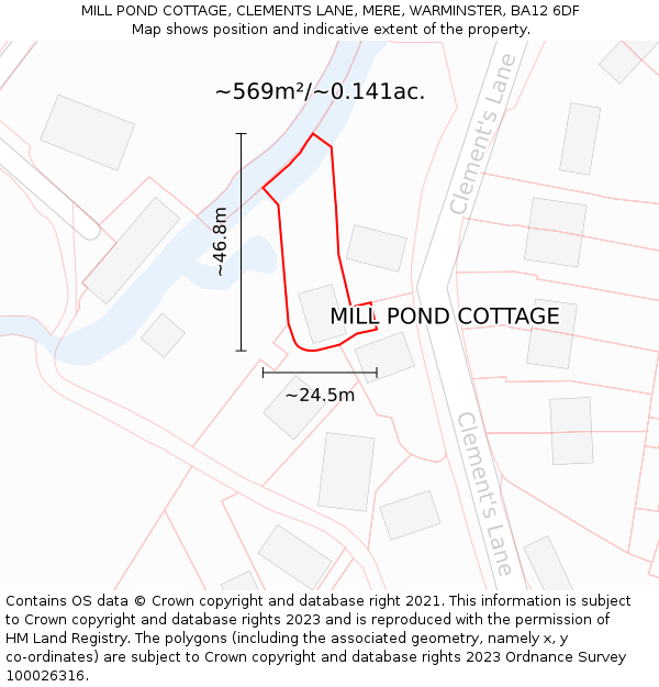 MILL POND COTTAGE, CLEMENTS LANE, MERE, WARMINSTER, BA12 6DF: Plot and title map