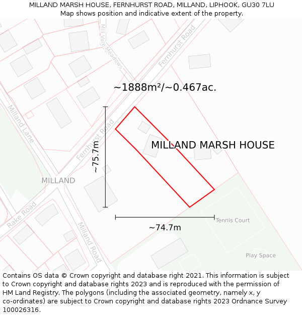 MILLAND MARSH HOUSE, FERNHURST ROAD, MILLAND, LIPHOOK, GU30 7LU: Plot and title map