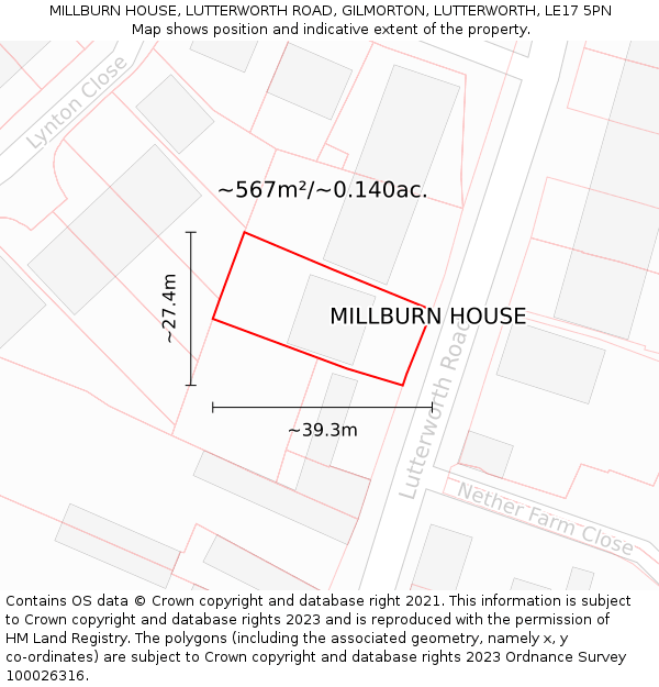 MILLBURN HOUSE, LUTTERWORTH ROAD, GILMORTON, LUTTERWORTH, LE17 5PN: Plot and title map