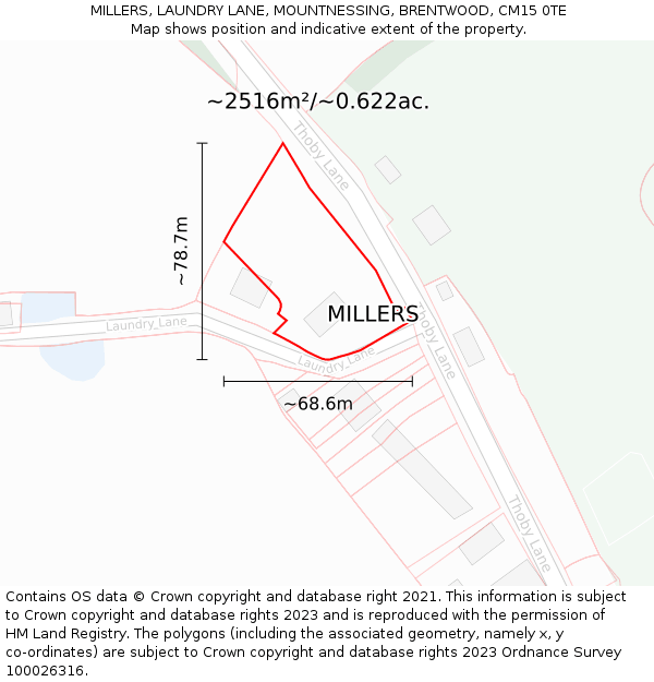 MILLERS, LAUNDRY LANE, MOUNTNESSING, BRENTWOOD, CM15 0TE: Plot and title map