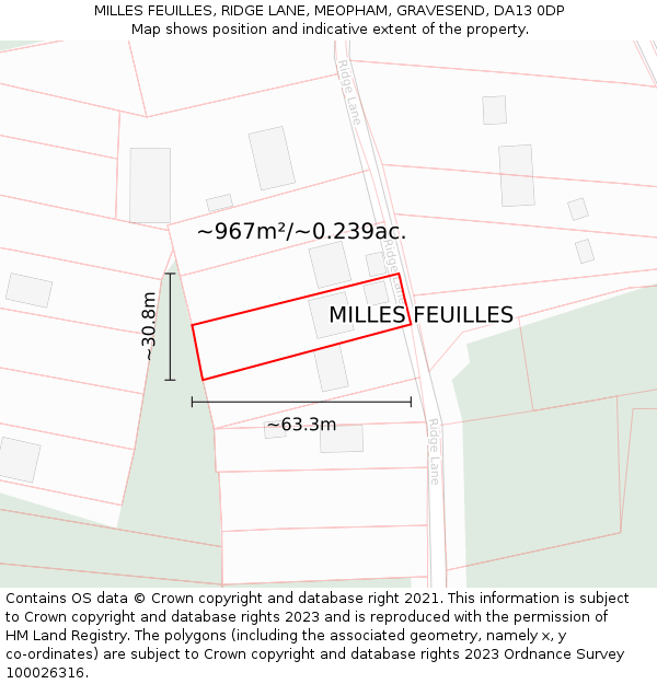 MILLES FEUILLES, RIDGE LANE, MEOPHAM, GRAVESEND, DA13 0DP: Plot and title map