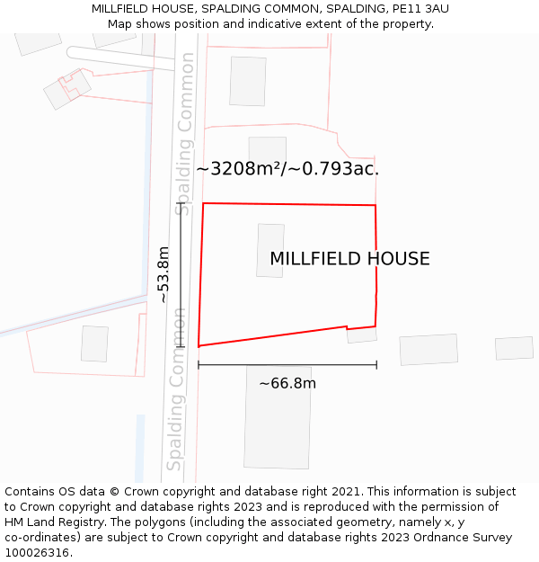 MILLFIELD HOUSE, SPALDING COMMON, SPALDING, PE11 3AU: Plot and title map