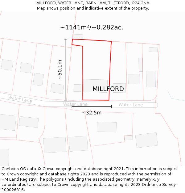 MILLFORD, WATER LANE, BARNHAM, THETFORD, IP24 2NA: Plot and title map