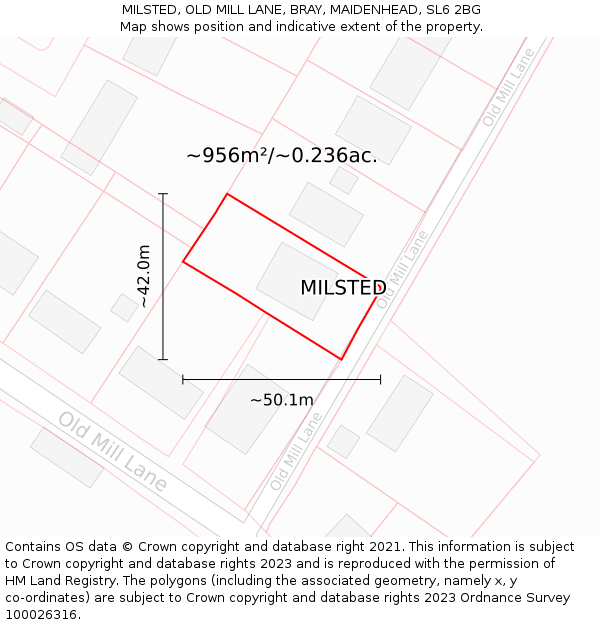 MILSTED, OLD MILL LANE, BRAY, MAIDENHEAD, SL6 2BG: Plot and title map