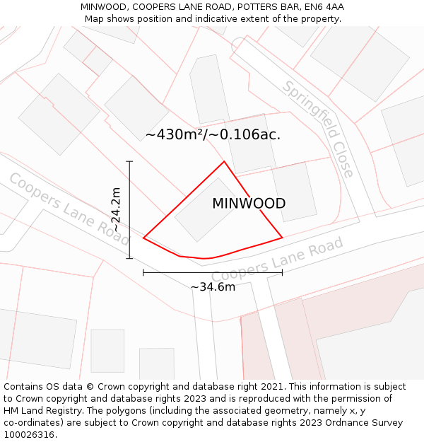 MINWOOD, COOPERS LANE ROAD, POTTERS BAR, EN6 4AA: Plot and title map