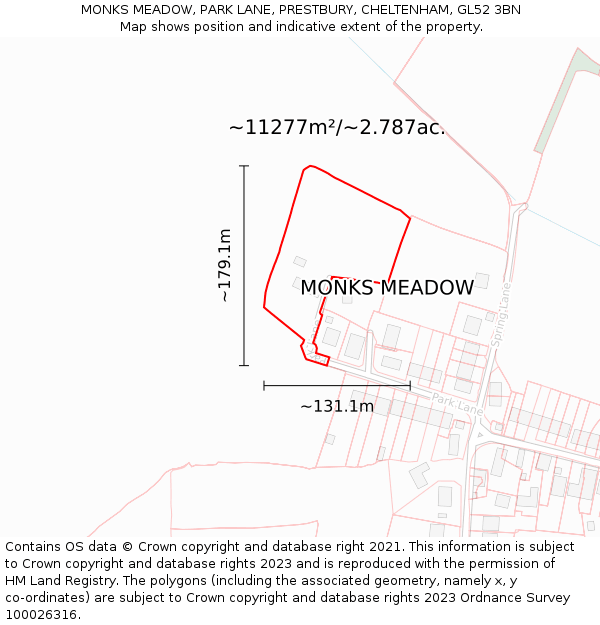 MONKS MEADOW, PARK LANE, PRESTBURY, CHELTENHAM, GL52 3BN: Plot and title map