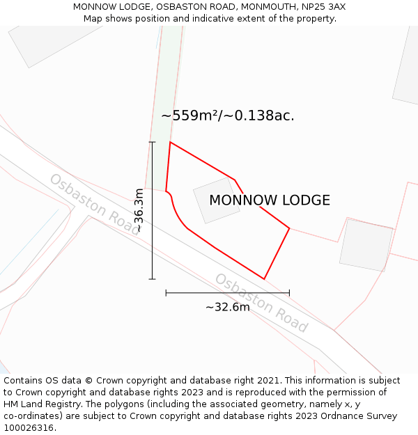 MONNOW LODGE, OSBASTON ROAD, MONMOUTH, NP25 3AX: Plot and title map