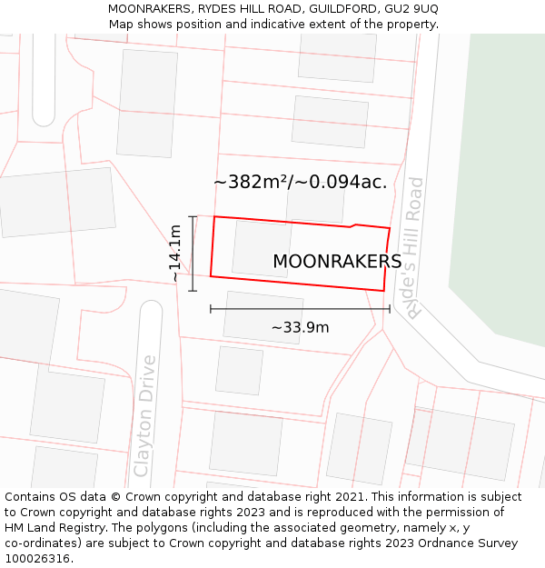 MOONRAKERS, RYDES HILL ROAD, GUILDFORD, GU2 9UQ: Plot and title map