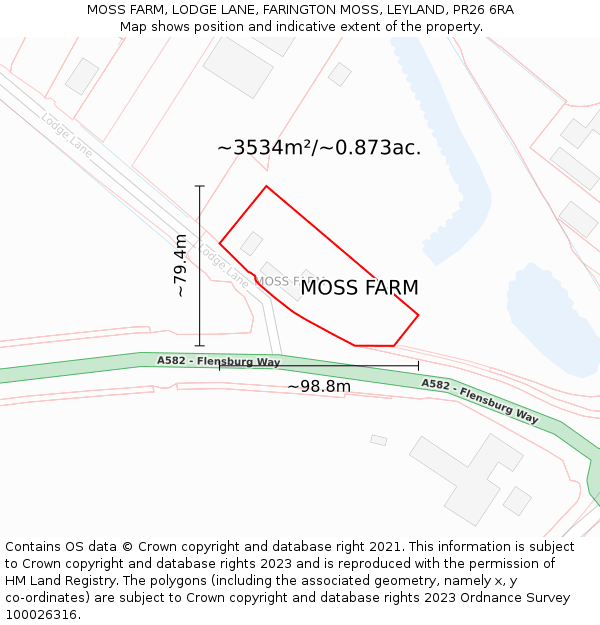 MOSS FARM, LODGE LANE, FARINGTON MOSS, LEYLAND, PR26 6RA: Plot and title map