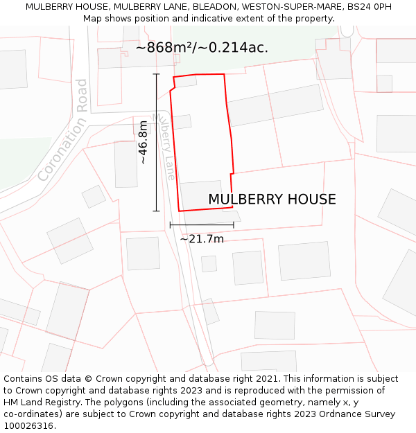 MULBERRY HOUSE, MULBERRY LANE, BLEADON, WESTON-SUPER-MARE, BS24 0PH: Plot and title map