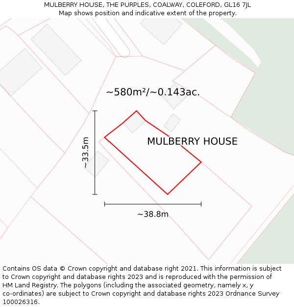 MULBERRY HOUSE, THE PURPLES, COALWAY, COLEFORD, GL16 7JL: Plot and title map