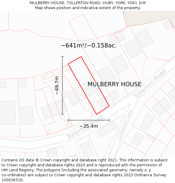 MULBERRY HOUSE, TOLLERTON ROAD, HUBY, YORK, YO61 1HX: Plot and title map