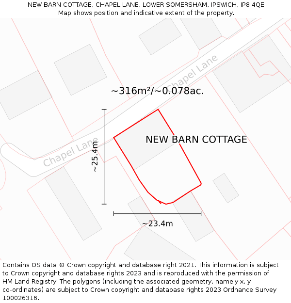 NEW BARN COTTAGE, CHAPEL LANE, LOWER SOMERSHAM, IPSWICH, IP8 4QE: Plot and title map