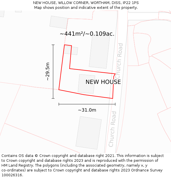 NEW HOUSE, WILLOW CORNER, WORTHAM, DISS, IP22 1PS: Plot and title map