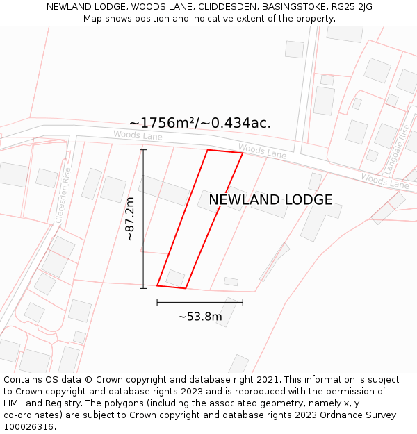 NEWLAND LODGE, WOODS LANE, CLIDDESDEN, BASINGSTOKE, RG25 2JG: Plot and title map