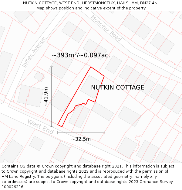 NUTKIN COTTAGE, WEST END, HERSTMONCEUX, HAILSHAM, BN27 4NL: Plot and title map