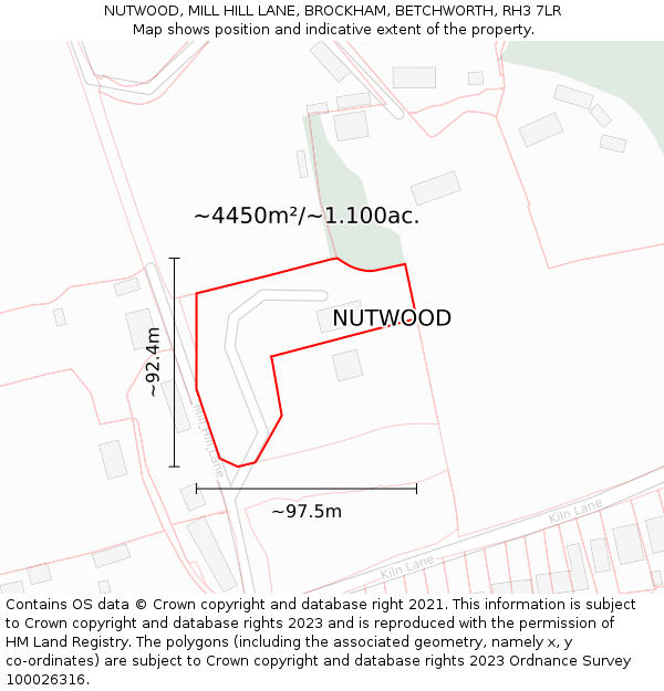 NUTWOOD, MILL HILL LANE, BROCKHAM, BETCHWORTH, RH3 7LR: Plot and title map