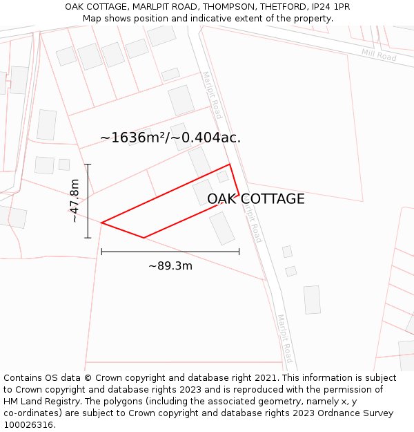 OAK COTTAGE, MARLPIT ROAD, THOMPSON, THETFORD, IP24 1PR: Plot and title map