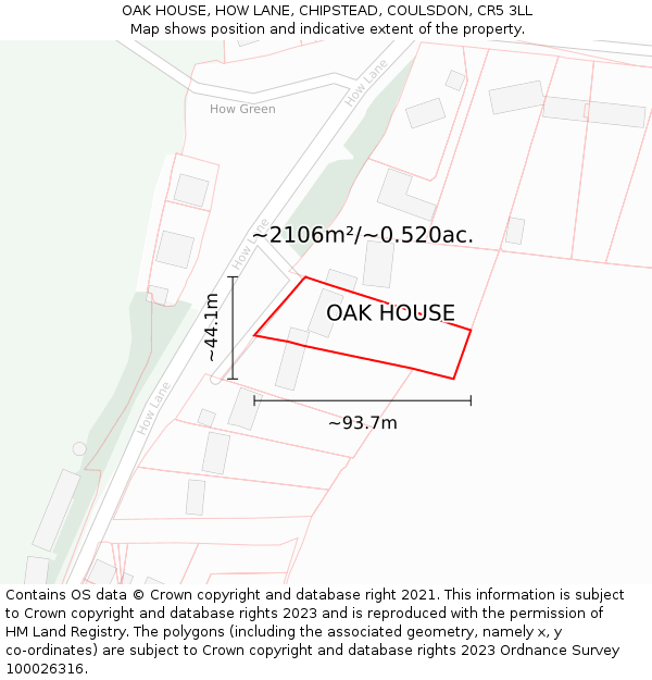 OAK HOUSE, HOW LANE, CHIPSTEAD, COULSDON, CR5 3LL: Plot and title map