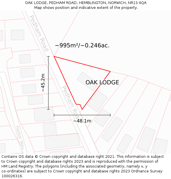 OAK LODGE, PEDHAM ROAD, HEMBLINGTON, NORWICH, NR13 4QA: Plot and title map