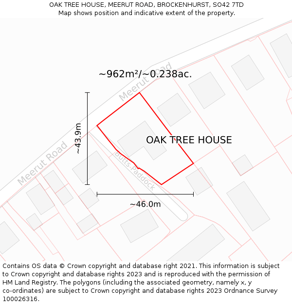 OAK TREE HOUSE, MEERUT ROAD, BROCKENHURST, SO42 7TD: Plot and title map