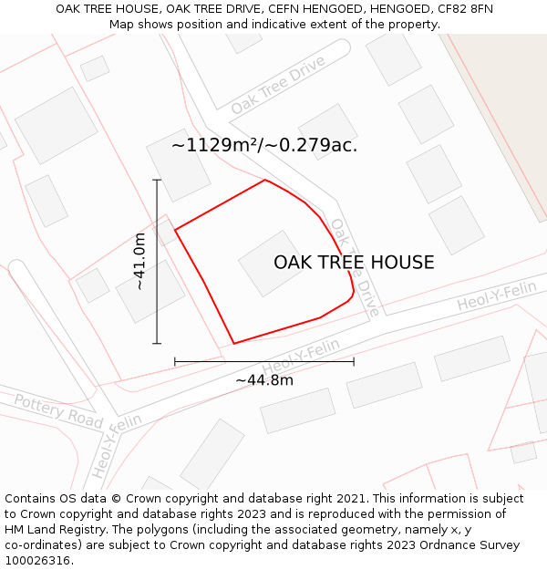 OAK TREE HOUSE, OAK TREE DRIVE, CEFN HENGOED, HENGOED, CF82 8FN: Plot and title map