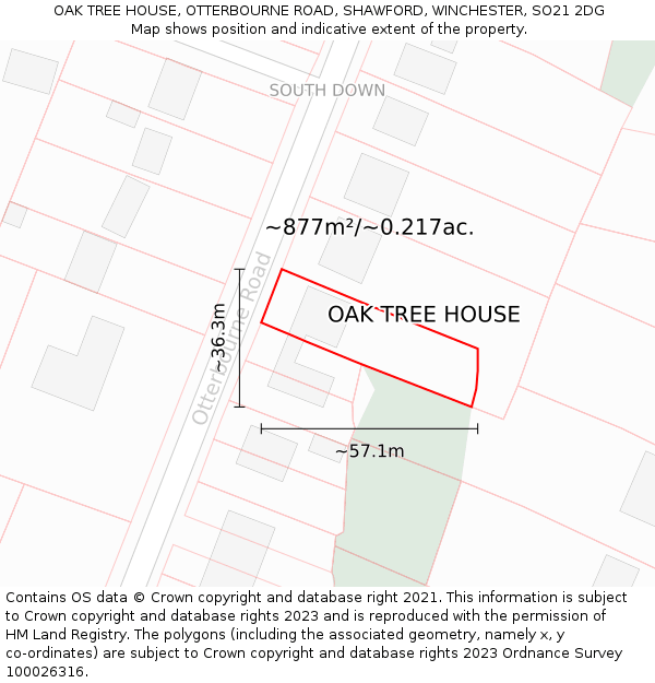 OAK TREE HOUSE, OTTERBOURNE ROAD, SHAWFORD, WINCHESTER, SO21 2DG: Plot and title map