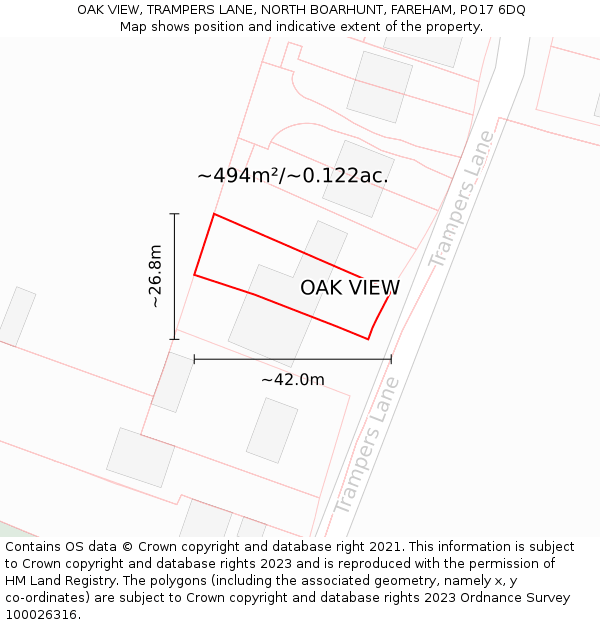 OAK VIEW, TRAMPERS LANE, NORTH BOARHUNT, FAREHAM, PO17 6DQ: Plot and title map