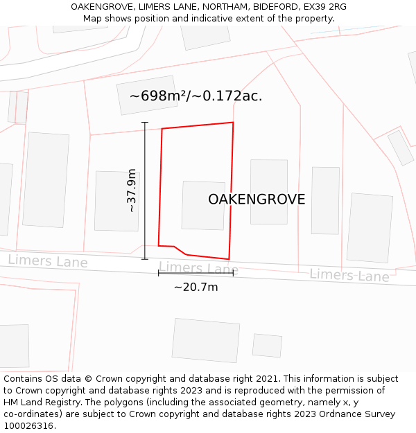 OAKENGROVE, LIMERS LANE, NORTHAM, BIDEFORD, EX39 2RG: Plot and title map