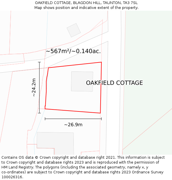 OAKFIELD COTTAGE, BLAGDON HILL, TAUNTON, TA3 7SL: Plot and title map