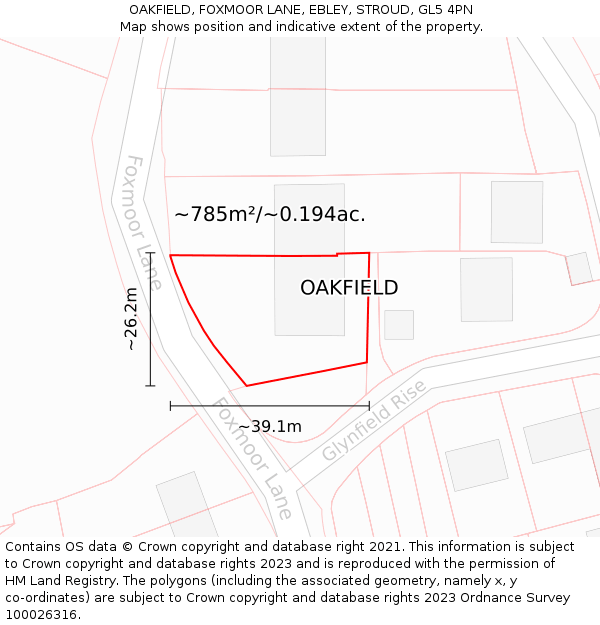 OAKFIELD, FOXMOOR LANE, EBLEY, STROUD, GL5 4PN: Plot and title map