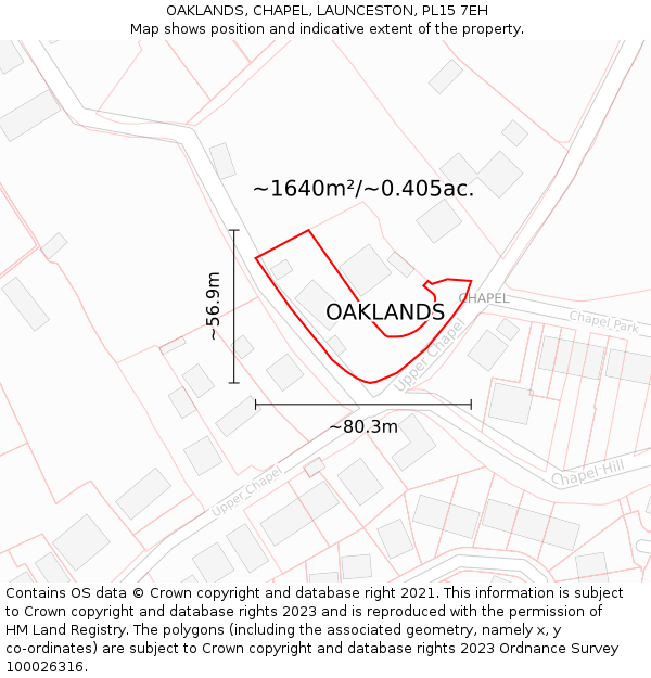 OAKLANDS, CHAPEL, LAUNCESTON, PL15 7EH: Plot and title map