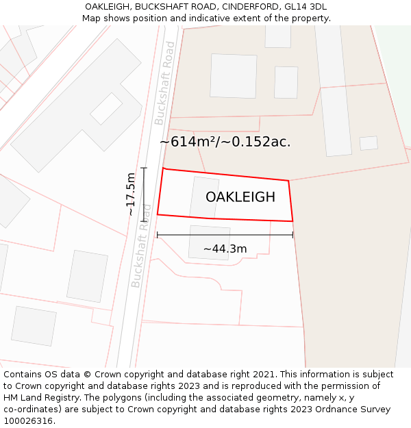 OAKLEIGH, BUCKSHAFT ROAD, CINDERFORD, GL14 3DL: Plot and title map