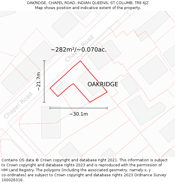 OAKRIDGE, CHAPEL ROAD, INDIAN QUEENS, ST COLUMB, TR9 6JZ: Plot and title map