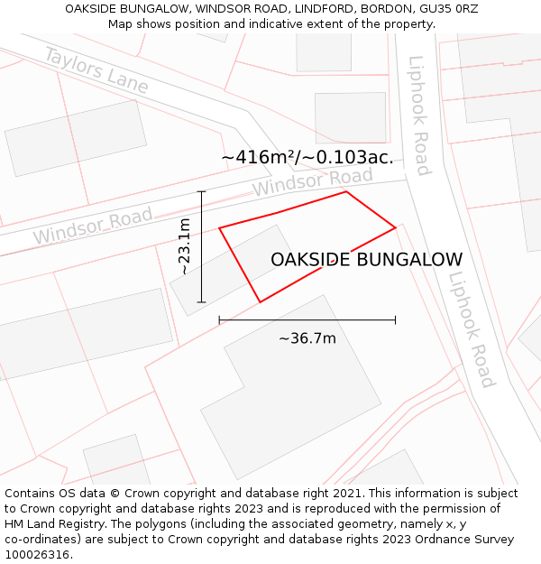 OAKSIDE BUNGALOW, WINDSOR ROAD, LINDFORD, BORDON, GU35 0RZ: Plot and title map