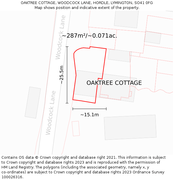 OAKTREE COTTAGE, WOODCOCK LANE, HORDLE, LYMINGTON, SO41 0FG: Plot and title map