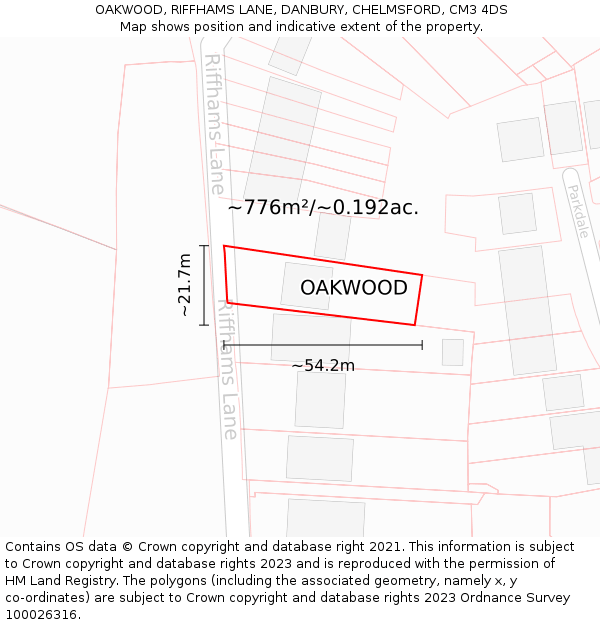 OAKWOOD, RIFFHAMS LANE, DANBURY, CHELMSFORD, CM3 4DS: Plot and title map