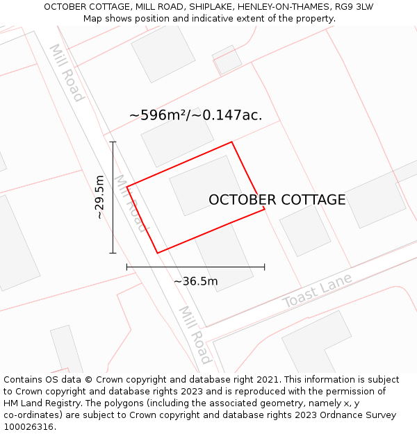 OCTOBER COTTAGE, MILL ROAD, SHIPLAKE, HENLEY-ON-THAMES, RG9 3LW: Plot and title map