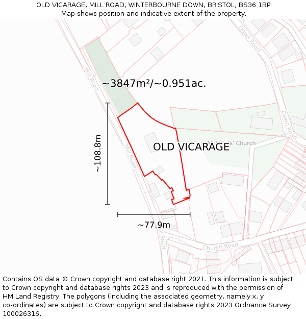 OLD VICARAGE, MILL ROAD, WINTERBOURNE DOWN, BRISTOL, BS36 1BP: Plot and title map