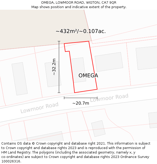 OMEGA, LOWMOOR ROAD, WIGTON, CA7 9QR: Plot and title map