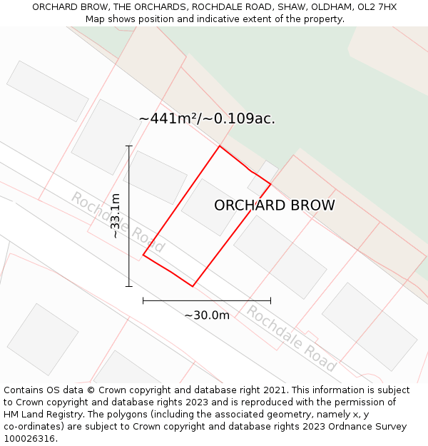 ORCHARD BROW, THE ORCHARDS, ROCHDALE ROAD, SHAW, OLDHAM, OL2 7HX: Plot and title map