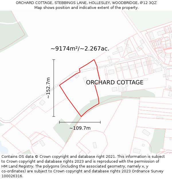 ORCHARD COTTAGE, STEBBINGS LANE, HOLLESLEY, WOODBRIDGE, IP12 3QZ: Plot and title map